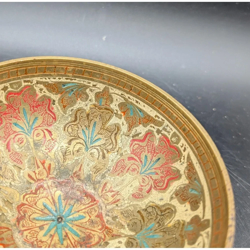 Vintage Hand Painted Brass Floral Bowl Footed Trinket Dish Red Turquoise Gold 3